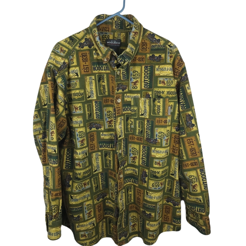 Woolrich olives license plates collared shirt